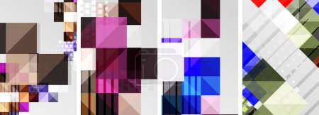 Téléchargez les illustrations : Une œuvre d'art vibrante avec un collage de quatre carrés de différentes couleurs dans des tons de violet, magenta, bleu électrique et violet sur un fond blanc, créant un motif frappant - en licence libre de droit