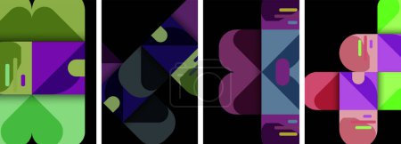 Illustration for A vibrant collage featuring a purple rectangle, violet font, magenta pattern, and electric blue circle on a black background. The symmetry of the shapes resembles an electronic device design - Royalty Free Image