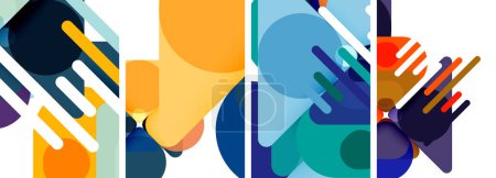 Ilustración de Un vibrante collage de cuatro imágenes con un patrón colorido de tintes y tonos, con una fuente azul eléctrico superpuesta en rectángulos que se asemejan a puertas y ventanas, creando una exhibición artística - Imagen libre de derechos