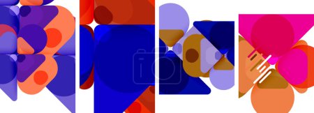 Illustration for A fontinspired painting featuring a collage of colorful geometric shapes like rectangles, circles, and symmetrical patterns in shades of orange and electric blue on a white background - Royalty Free Image