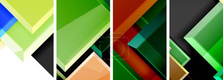 Eine künstlerische Komposition mit einer Collage aus grünen Rechtecken, Dreiecken und magentafarbenen Formen auf weißem Hintergrund. Das Design zeigt Symmetrie, Muster und verschiedene Tönungen und Schattierungen