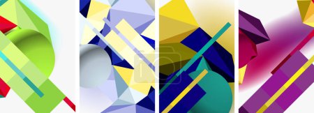Eine symmetrische Collage aus azurblauen, elektrischen blauen und textilen Dreiecken und Rechtecken mit einem Muster aus Tönungen und Schattierungen, die ein dynamisches Kunstwerk auf weißem Hintergrund schafft