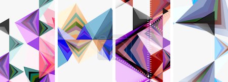 Téléchargez les illustrations : Un collage vibrant aux formes géométriques colorées comme les rectangles violets, les triangles et les nuances de violet, le magenta sur fond blanc. Une œuvre d'art créatif avec un style de police d'art moderne - en licence libre de droit