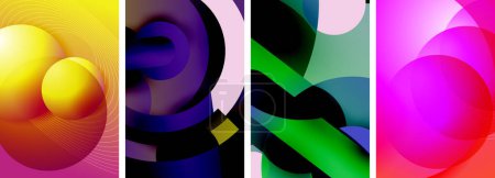 Ilustración de Un vibrante collage de imágenes abstractas de color púrpura, violeta, magenta y azul eléctrico inspiradas en organismos y círculos, creando una llamativa exhibición de artes visuales. - Imagen libre de derechos