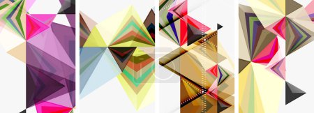 Illustration for An artistic collage featuring colorful geometric shapes such as triangles and rectangles creates a symmetrical pattern on a white background, showcasing creativity and visual arts - Royalty Free Image