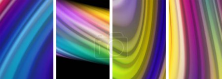 Illustration for A vibrant art piece featuring a set of four colorful waves in magenta, electric blue, tints and shades on a black background. The pattern includes rectangles, circles, and various graphics - Royalty Free Image
