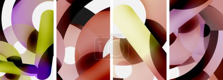 Téléchargez les illustrations : Un collage vibrant avec quatre cercles de couleurs différentes sur un fond blanc, représentant des éléments tels que la plante, l'art, la police et la jambe humaine - en licence libre de droit