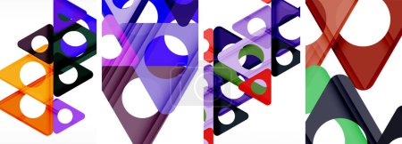 Una variedad de triángulos coloridos en tonos púrpura, magenta y azul eléctrico crean un patrón de arte vibrante y creativo sobre un fondo blanco