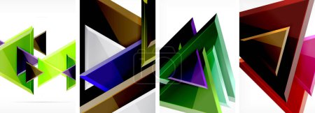 Téléchargez les illustrations : Un collage vibrant de triangles colorés, y compris des nuances de violet, bleu électrique et violet, disposés sur un fond blanc comme une œuvre d'art vitrail - en licence libre de droit
