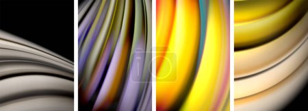 Ilustración de Un collage colorido de cuatro ondas de diferentes colores sobre un fondo negro, que se asemeja a una mezcla de pétalos de plantas, frutas y verduras en un patrón fascinante - Imagen libre de derechos