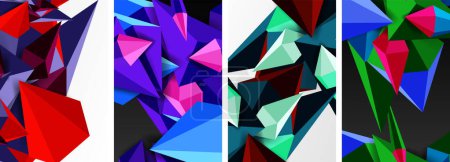 Eine kreative Komposition mit einer Collage aus Rechtecken und Dreiecken in lila, violett, magenta und elektrischen Blautönen und Schattierungen auf weißem Hintergrund