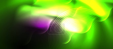 Ilustración de Una vibrante pantalla de colores con un fondo verde, amarillo y púrpura, con un círculo brillante en el centro. La escena incluye agua, flores violetas y un cielo magenta - Imagen libre de derechos
