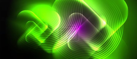 Illustration for A vibrant display of colorfulness with a green and purple glowing swirl on a black background, resembling a fluid and symmetrical art piece inspired by terrestrial plant life - Royalty Free Image