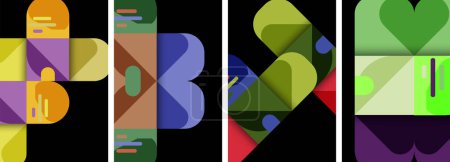 Ilustración de Un collage visualmente dinámico con cuatro imágenes con la letra B en el medio, mostrando una mezcla de patrones rectangulares, colores azul eléctrico y magenta, y diseños simétricos - Imagen libre de derechos
