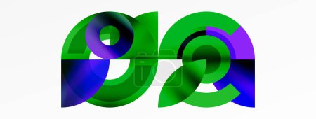 Téléchargez les illustrations : La lettre verte A et la lettre violette A sont disposées symétriquement sur fond blanc, entourées de cercles, rectangles et symboles en bleu électrique, violet et magenta. - en licence libre de droit