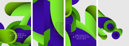 Téléchargez les illustrations : Une collection vibrante de formes géométriques vertes et violettes dans un motif symétrique sur un fond blanc, créant un organisme artistique de rectangles bleu électrique, violet et magenta - en licence libre de droit