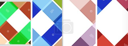 Ilustración de Una exhibición de artes creativas con varios cuadrados de colores, incluyendo azul, púrpura y tonos en forma de rectángulos y triángulos en el suelo de baldosas - Imagen libre de derechos