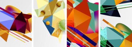 Téléchargez les illustrations : Une œuvre d'art créative avec un collage de quatre motifs géométriques colorés avec triangles, rectangles, teintes et nuances, motifs, symétrie et bleu électrique sur fond blanc - en licence libre de droit