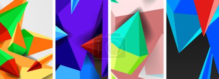 Illustration for A creative arts piece featuring a collage of purple, violet, magenta, and other tints and shades in the form of triangles and rectangles on a white background - Royalty Free Image