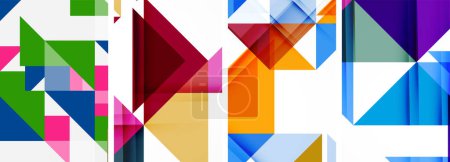 Téléchargez les illustrations : Une myriade de triangles et de rectangles vibrants dans des tons de violet, violet et azur recouvrent un fond blanc, créant un design textile artistique dynamique et visuellement frappant - en licence libre de droit