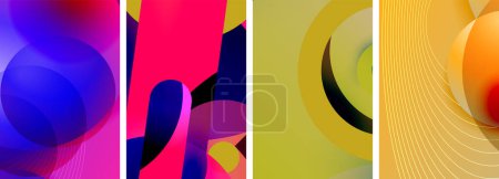 Téléchargez les illustrations : Un collage artistique avec quatre images de boules et de cercles dans des couleurs vives comme le violet, le magenta et le bleu électrique. Chacun avec un motif unique et la propriété matérielle - en licence libre de droit
