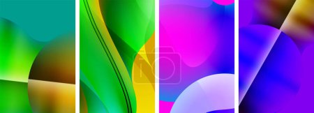 Téléchargez les illustrations : Un collage vibrant d'arrière-plans colorés avec des nuances de violet, violet, magenta et bleu électrique dans diverses formes comme des rectangles, des cercles et des motifs - en licence libre de droit