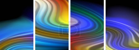 Illustration for Four vibrant swirls of electric blue, representing a meteorological phenomenon, painted on a black canvas. A mesmerizing mix of colorfulness and liquid art, resembling irises in a natural landscape - Royalty Free Image
