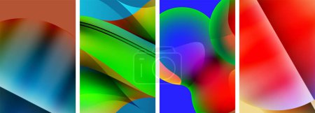 Ilustración de Un vibrante collage de coloridas imágenes abstractas con rectángulos, organismos, arte, tintes, sombras, magenta, plantas terrestres, azul eléctrico, patrones y simetría - Imagen libre de derechos