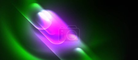 Ilustración de Un colorido de tonos verdes y púrpura irradia desde un objeto brillante sobre un fondo negro, creando una exhibición etérea de gas y líquido en tonos de violeta, magenta y azul eléctrico. - Imagen libre de derechos