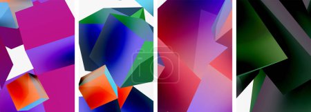 Ilustración de Un collage vibrante con cuatro formas geométricas de diferentes colores: un rectángulo púrpura, un triángulo violeta, un organismo magenta y tintes y tonos de arte sobre un fondo blanco. - Imagen libre de derechos