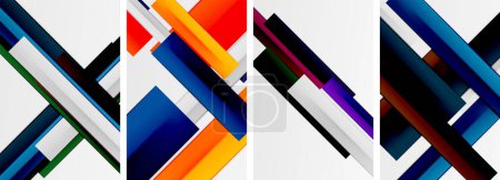 Illustration for A vibrant piece of art featuring a set of four colorful geometric lines a mix of rectangles and triangles in electric blue and magenta shades on a white background, creating a dynamic pattern - Royalty Free Image