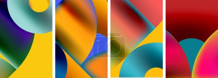 Illustration for A set of four vibrant abstract paintings featuring a mix of colors like liquid orange and electric blue, arranged in patterns of rectangles and triangles on a white background - Royalty Free Image