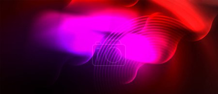 Téléchargez les illustrations : Une image floue de lumières électriques bleues et magenta se mélangeant avec des nuances de violet et de rose sur un fond sombre, ressemblant à des pétales flottant sur l'eau - en licence libre de droit