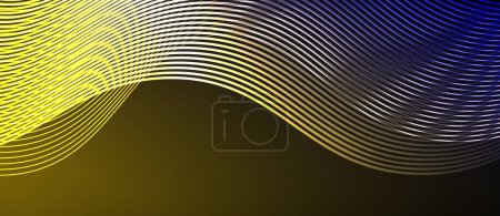 Téléchargez les illustrations : Un motif envoûtant d'une vague bleue jaune et électrique coulant en parfaite symétrie sur un fond noir, créant un maillage liquide avec des teintes et des nuances - en licence libre de droit