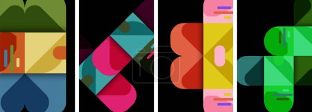 Illustration for A vibrant display of colorful geometric shapes rectangles, triangles, and patterns in shades of magenta and other tints on a sleek black background, showcasing symmetry and artistic flair - Royalty Free Image