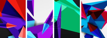 Ilustración de Un colorido collage de triángulos en tonos púrpura, violeta, rosa y magenta sobre un fondo blanco. Esta obra de arte presenta un patrón geométrico con una mezcla de formas rectangulares y formas triangulares - Imagen libre de derechos