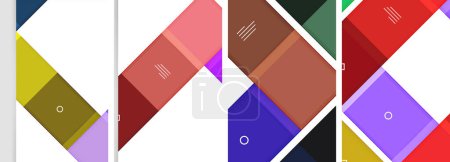 Téléchargez les illustrations : Collage vibrant de carrés marron, violet et violet aux formes variées, rectangles et triangles, rappelant l'art textile, sur fond de parquet blanc - en licence libre de droit