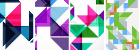 Téléchargez les illustrations : Un mélange vibrant de formes géométriques violettes, roses, magenta et aqua comme des triangles et des rectangles sur fond blanc, mettant en valeur les arts créatifs et la symétrie - en licence libre de droit