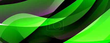 Ilustración de Una imagen detallada que muestra los colores vibrantes de una ola verde y púrpura sobre un fondo negro oscuro, con tonos de verde hierba y pétalos magenta - Imagen libre de derechos