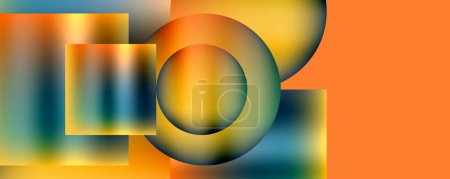 Illustration for Colorfulness bursts from the art piece with circles and squares in tints and shades on an orange background. Symmetry and pattern create a dynamic gas of electric blue - Royalty Free Image