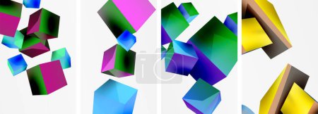 Ilustración de Una exhibición fascinante de cubos flotantes de colores en varias formas, incluyendo rectángulos púrpuras, triángulos violetas y cubos de aguamarina magenta, crea un organismo visual artístico y vibrante en el aire - Imagen libre de derechos