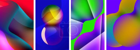 Téléchargez les illustrations : Un collage vibrant avec quatre images abstraites colorées sur fond bleu électrique, présentant un mélange de motifs, symétrie, rectangles, cercles et nuances de magenta - en licence libre de droit