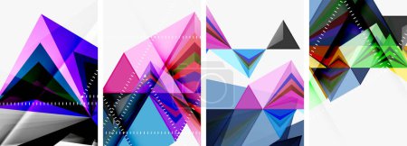 Téléchargez les illustrations : Une œuvre d'art créative avec un ensemble de quatre triangles et rectangles colorés dans des tons de violet, magenta et violet sur un fond blanc - en licence libre de droit