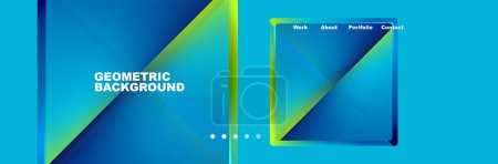 Illustration for A symmetrical pattern of electric blue and yellow geometric shapes, including rectangles, circles, triangles, and parallel lines, with a square in the center on a technologythemed background - Royalty Free Image