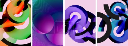 Téléchargez les illustrations : Le collage comporte quatre images vibrantes en violet, violet, magenta et bleu électrique, formant un motif de cercles et de rectangles avec la lettre s au centre - en licence libre de droit