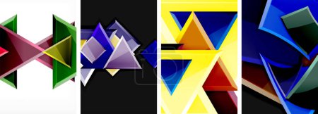 Ilustración de Una serie de cuatro triángulos coloridos dispuestos en una fila, con amarillo, azul eléctrico y otros tonos vibrantes, creando un patrón visualmente atractivo con simetría y estética de arte moderno - Imagen libre de derechos