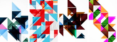 Eine lebendige Darstellung bunter Dreiecke und Rechtecke auf einer sauberen weißen Leinwand, die die kreative Kunstwelt mit Mustern, Symmetrie und kräftigen Farbtönen wie elektrischem Blau und Magenta verkörpert