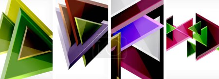 Téléchargez les illustrations : Une composition vibrante de triangles, rectangles et motifs colorés dans des tons de violet et de violet sur un fond blanc. Une exposition artistique créative - en licence libre de droit