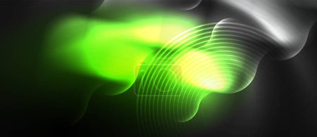 Illustration for A mesmerizing green and yellow glowing wave appears against the darkness, resembling automotive lighting. The visual effect lighting creates a stunning pattern in macro photography - Royalty Free Image