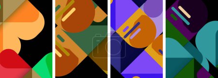 Ilustración de Un collage de diseños geométricos naranja y púrpura, con rectángulos, triángulos y un patrón simétrico. Una pieza de arte textil audaz y colorido con una variedad de tintes y tonos - Imagen libre de derechos